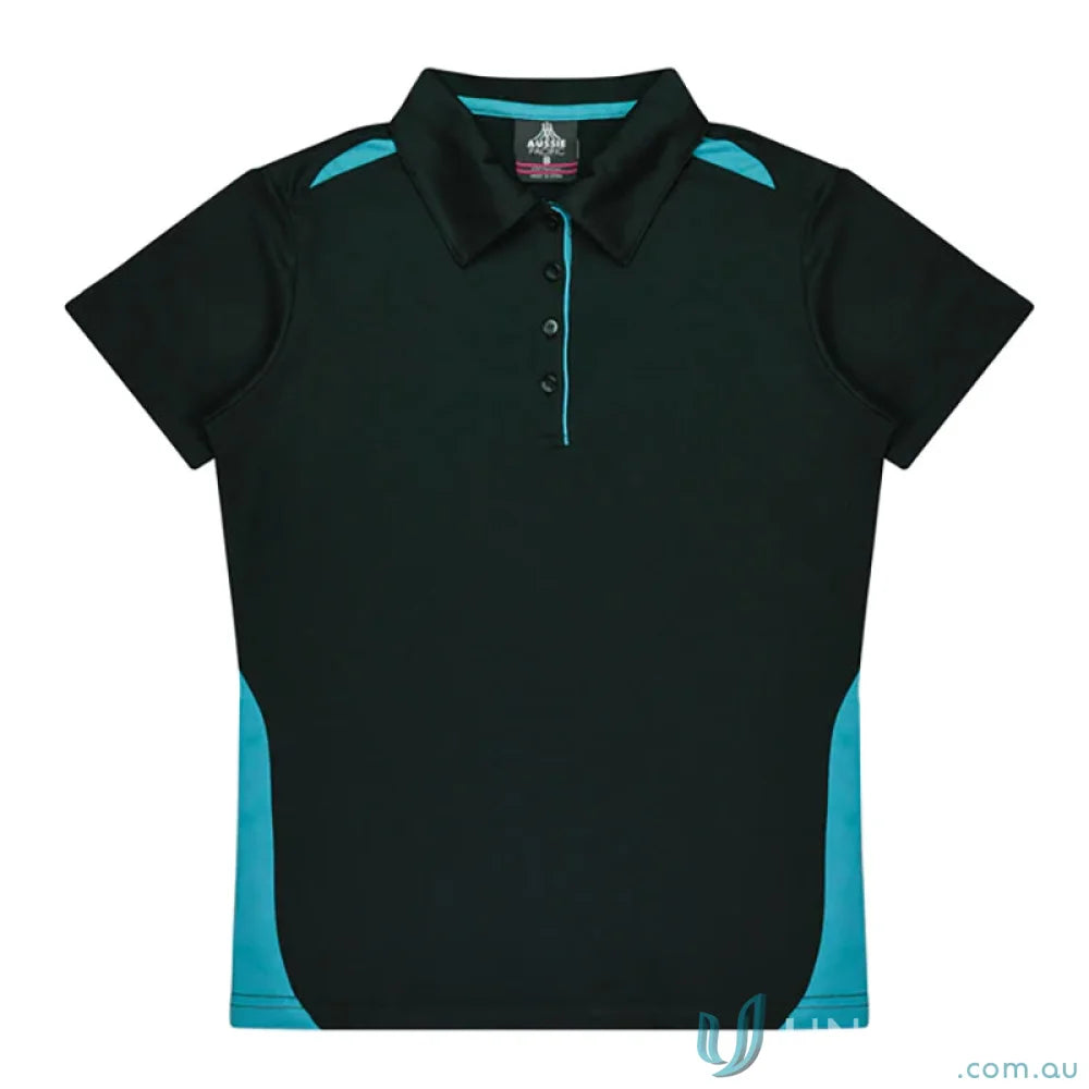 Ladies Paterson Polo in black and turquoise fabric ideal for uniforms and workwear