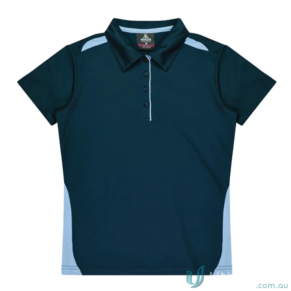 Dark blue Ladies Paterson Polo with light blue accents, perfect for workwear and uniforms
