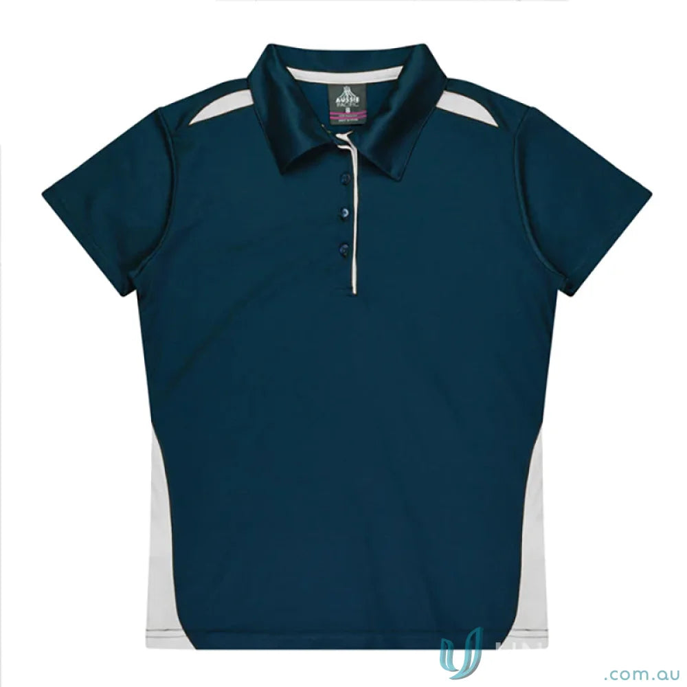 Dark blue and white polo shirt made from comfy fabric, perfect for uniforms or workwear