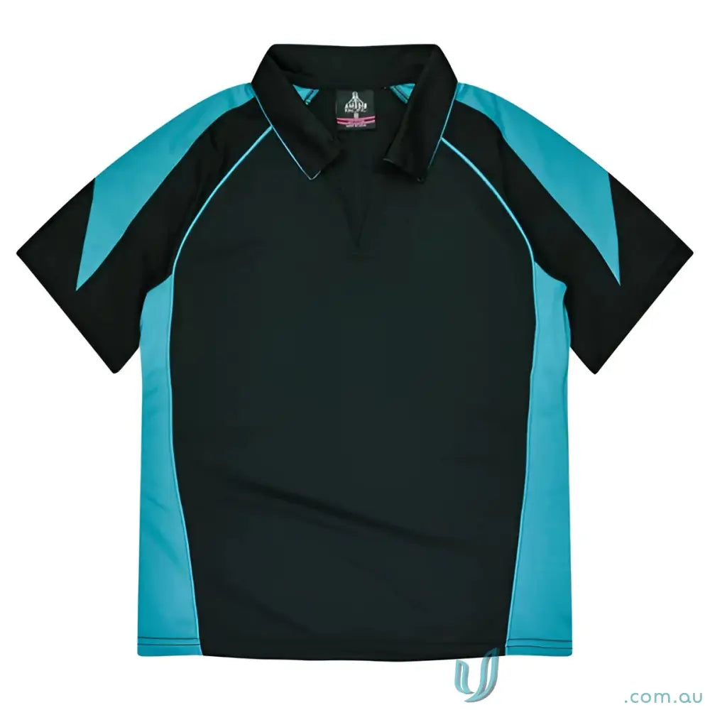 Ladies Premier Polo in black and turquoise fabric, perfect for uniforms and workwear