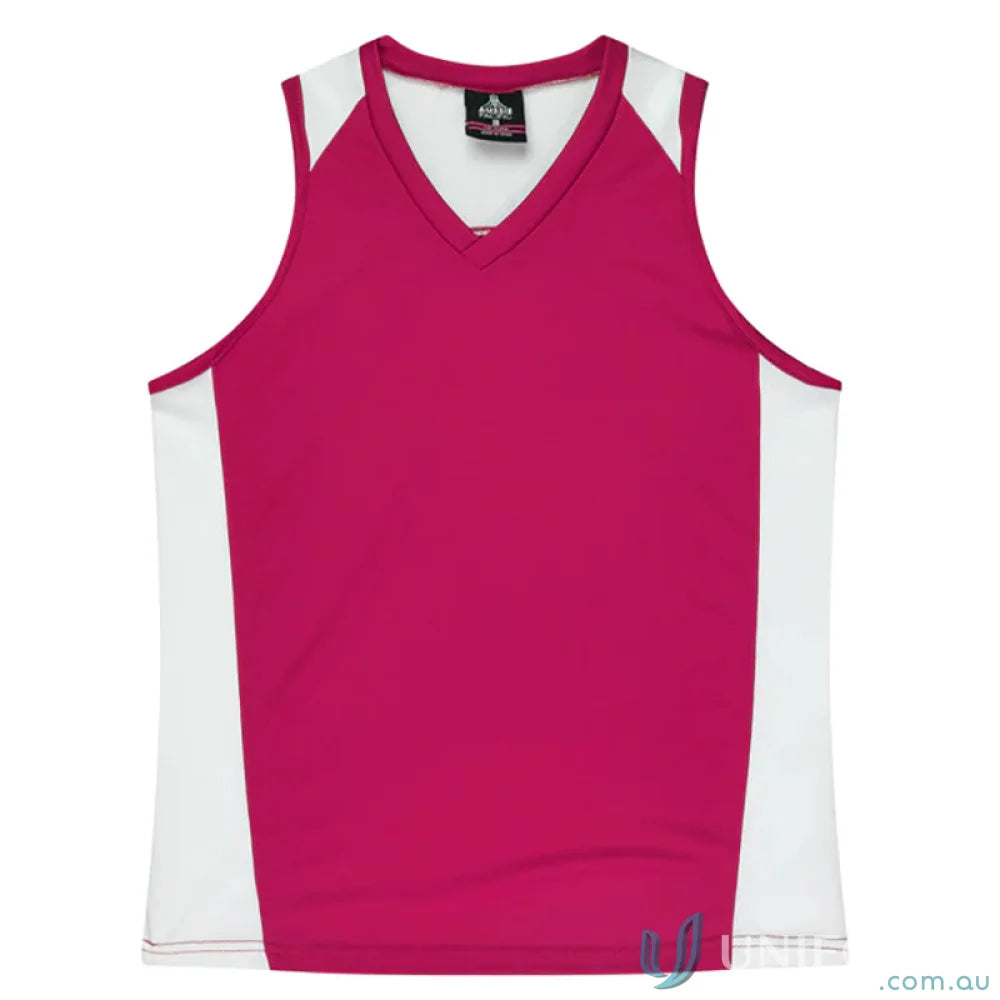 Magenta and white Ladies Premier Singlet with fabric neck bind and V-neck style