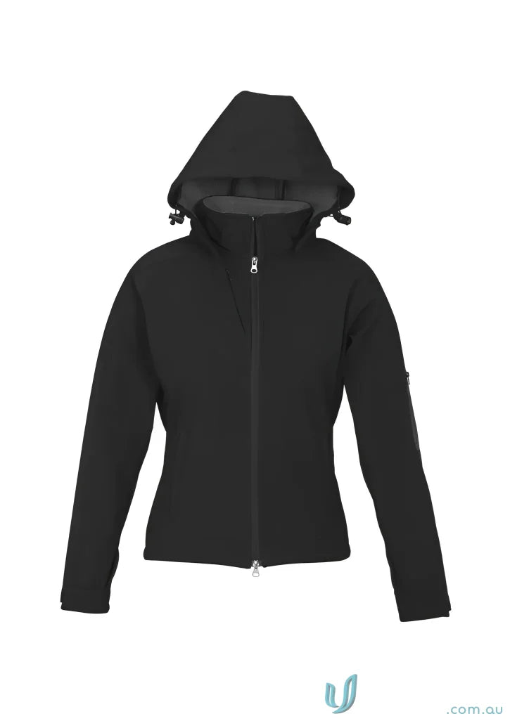 Black hooded womens summit jacket in biz tech material, perfect for style and performance