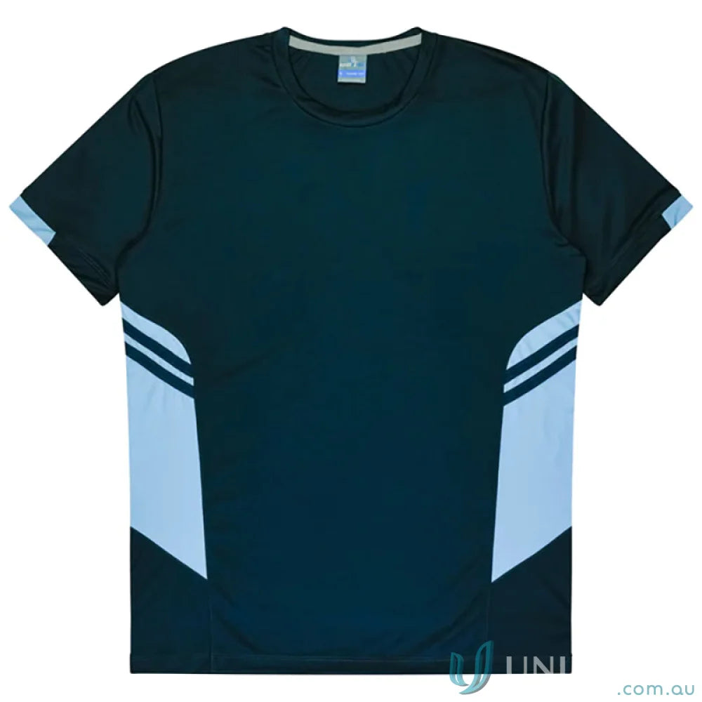 Black and light blue Tasman Tee made of comfy fabric, perfect for uniforms or workwear