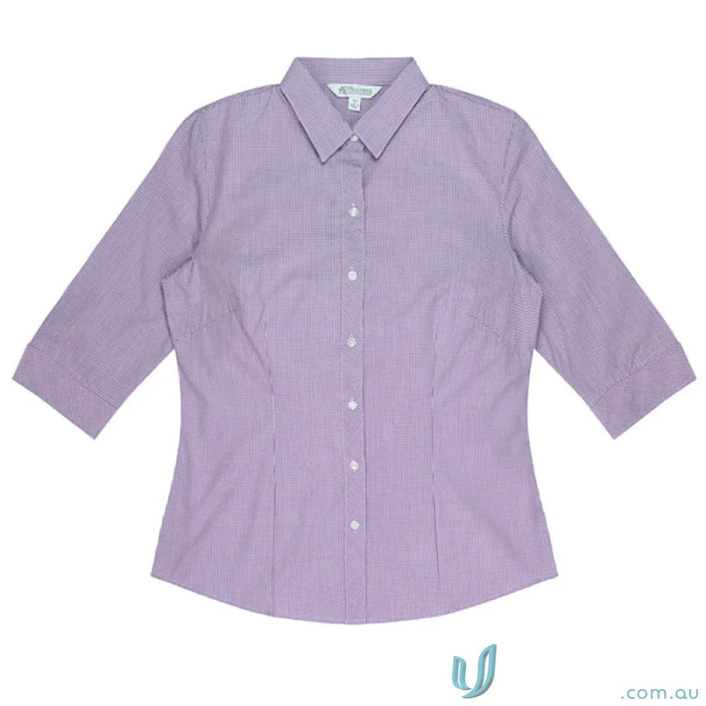 Lavender and white gingham Ladies Toorak 3Qtr Shirt, perfect workwear and uniforms