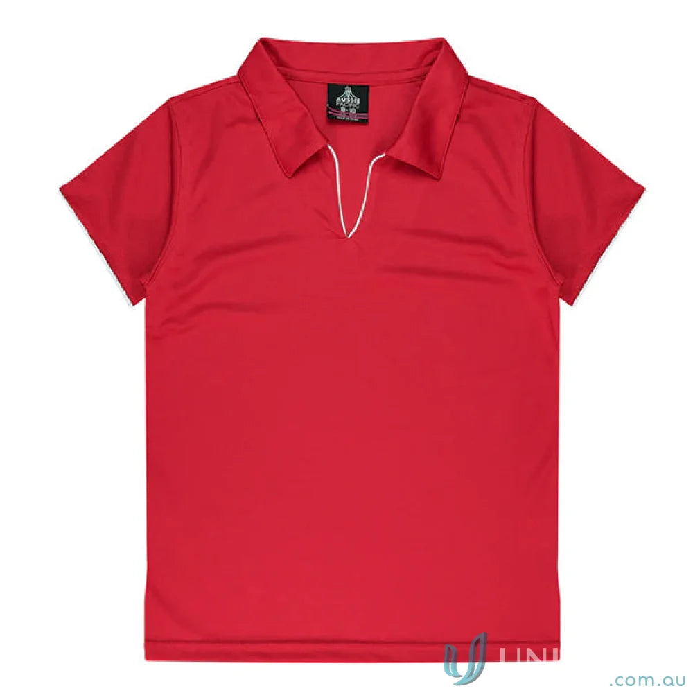 Red short-sleeved polo shirt in fabric suitable for Ladies Yarra Polo workwear uniforms