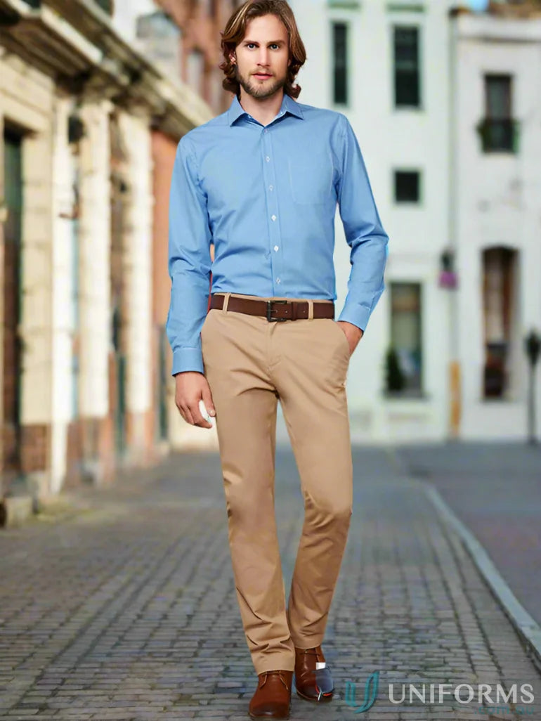 Man in blue shirt and khaki Lawson Stretch Chino Pants from Biz Collection Mens