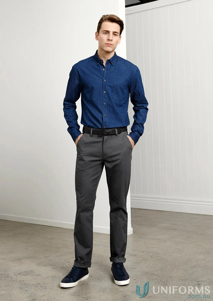 Man in blue shirt and gray Lawson Stretch Chino Pants from Biz Collection Mens