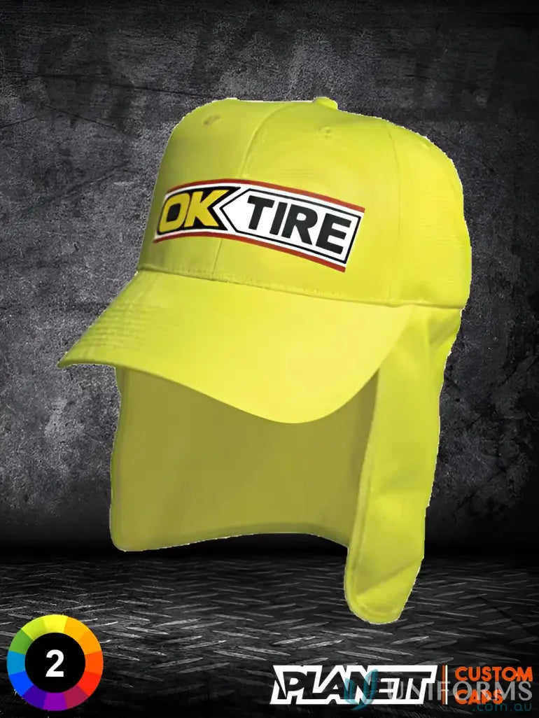 Yellow sun protection cap from Luminescent Safety Cap with Flap, perfect for uniforms workwear FAQ link