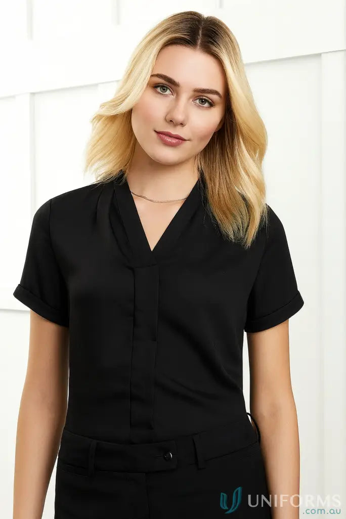 Womens black short-sleeved collared blouse from Biz Collection Madison SS Blouse