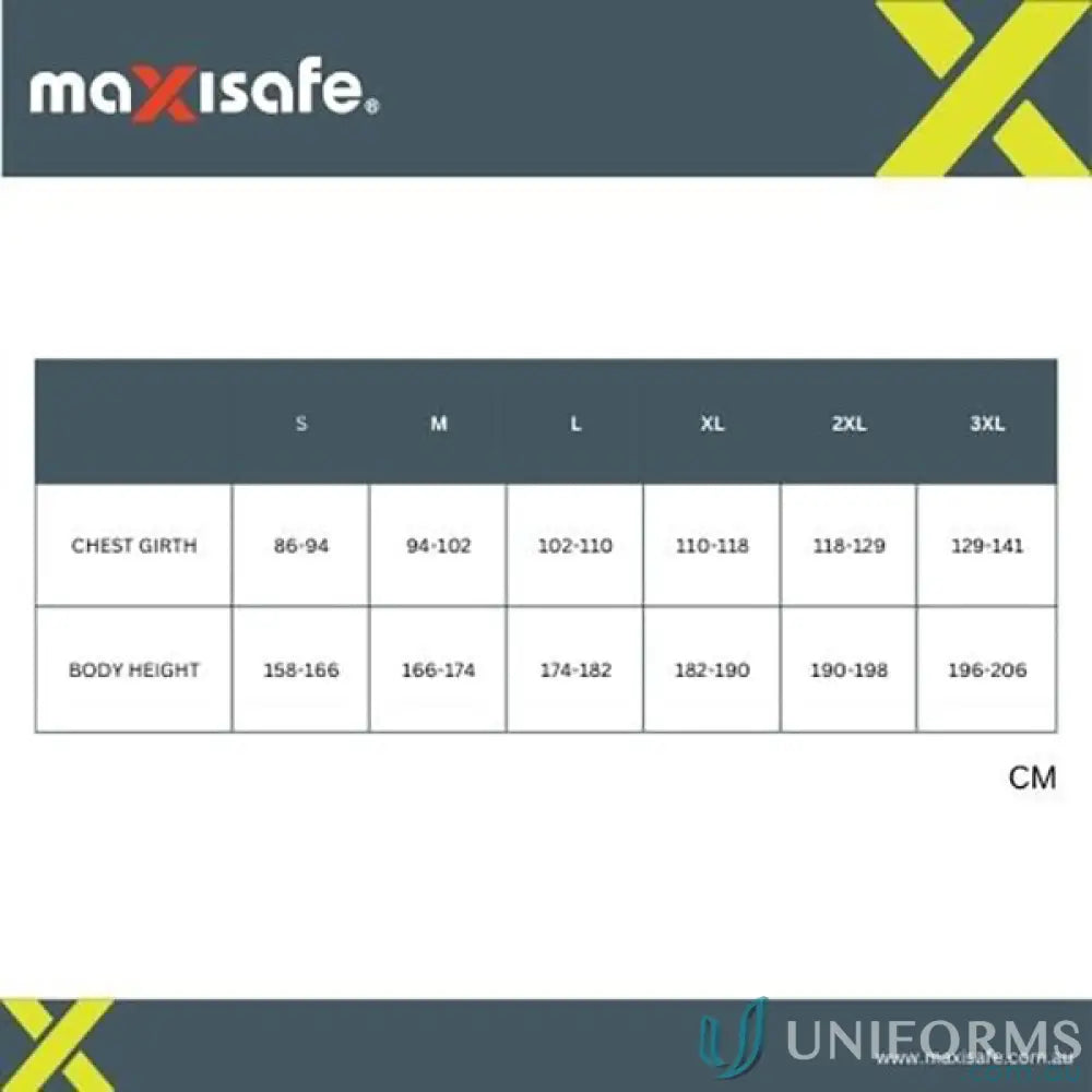 Clothing size chart for Maxisafe Blue Polypropylene Coverall workwear uniforms