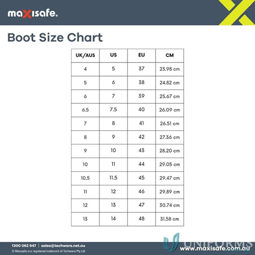 Boot size conversion chart for Maxisafe Shova White Non-Safety Gumboots, perfect for workwear and uniforms