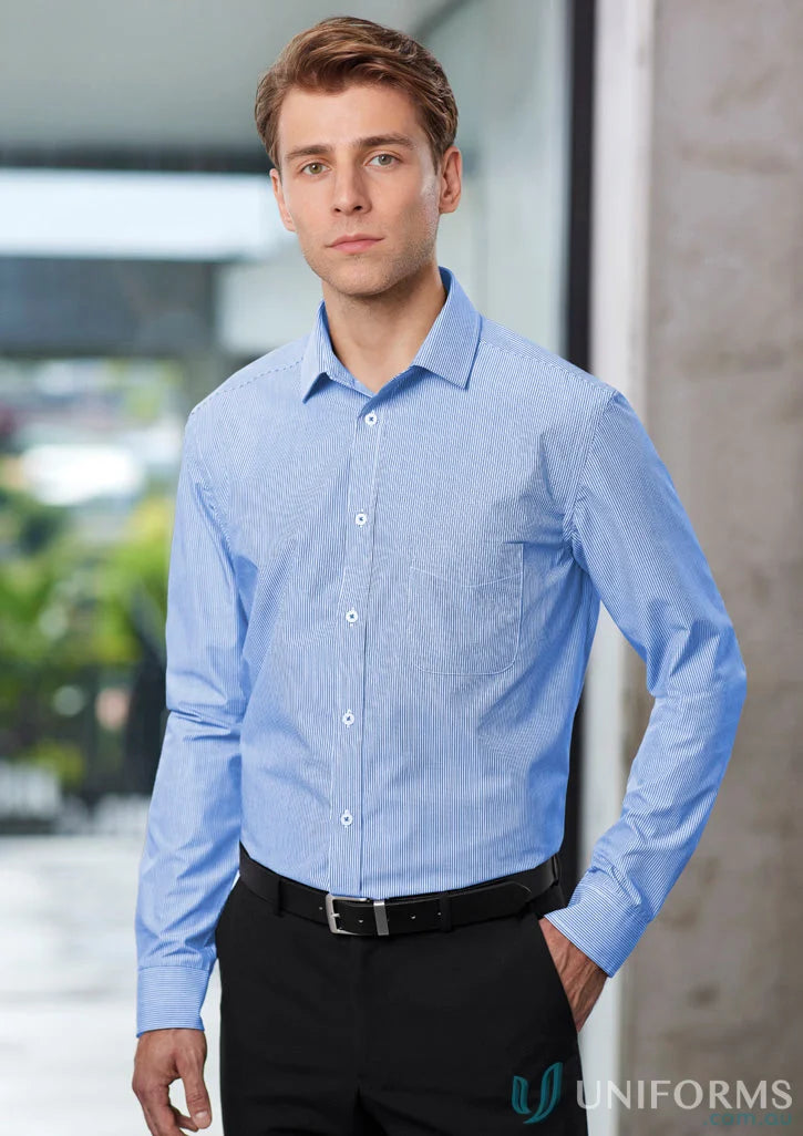 Man in blue striped Euro Long Sleeve Shirt, perfect for mens euro long style