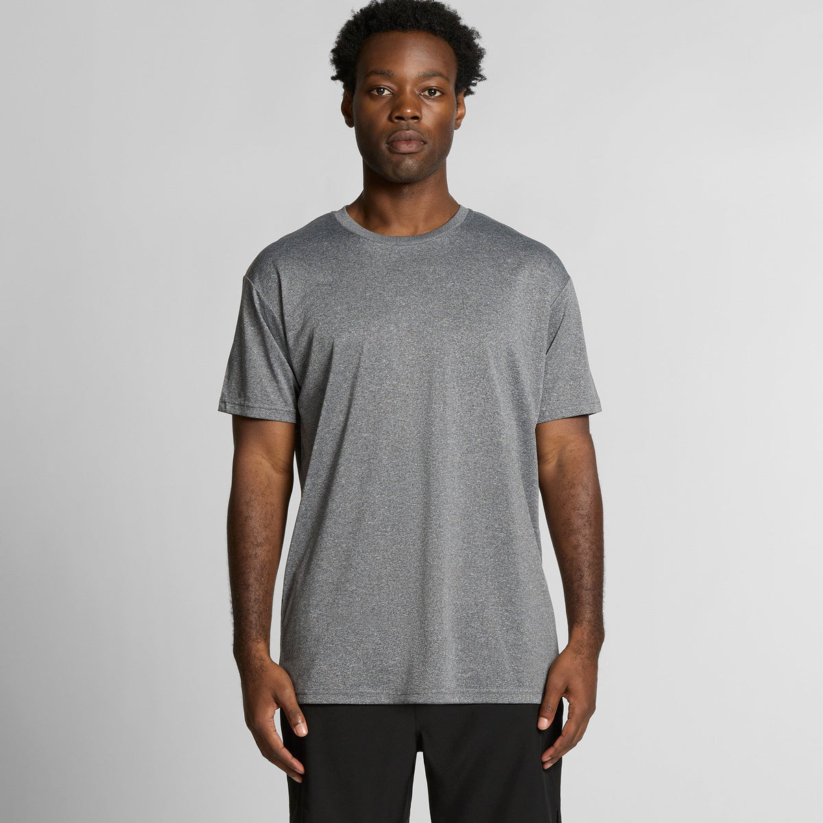 Heather gray crew neck short sleeve t-shirt with a subtle pattern.