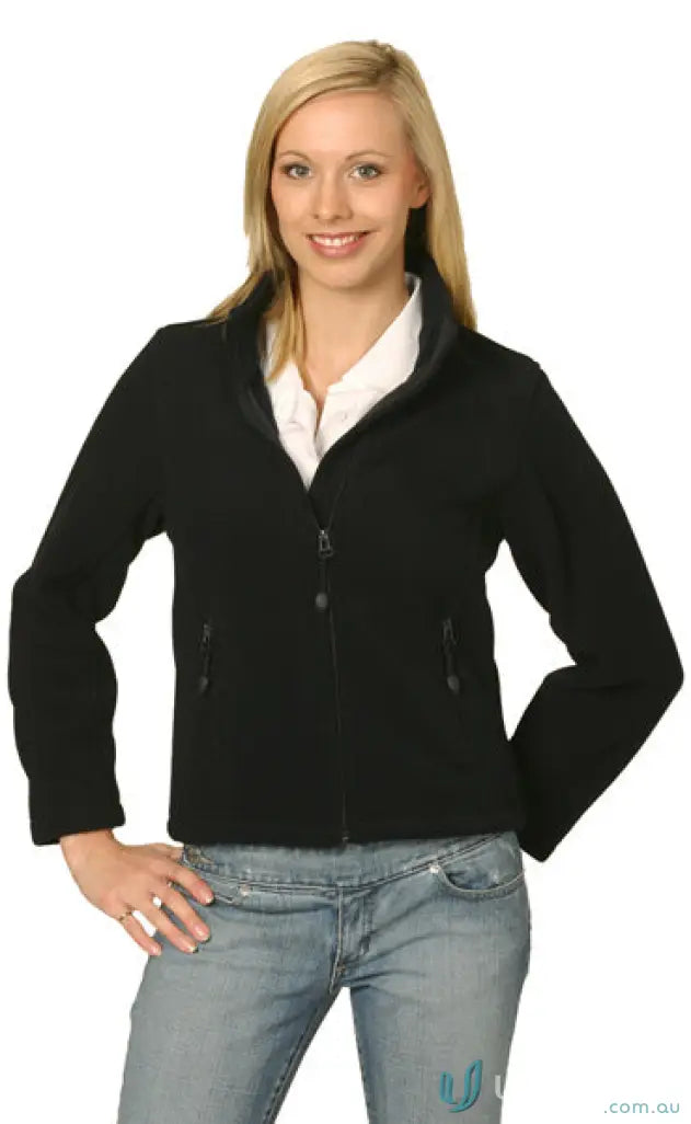 Black zip up fleece jacket with collar and pockets made of soft bonded polar fleece ideal for workwear uniforms