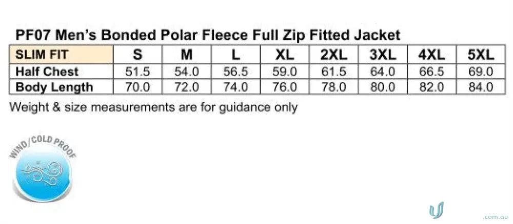 Mens jacket size chart for Mildura ELC Mens Polar Jacket workwear and uniforms