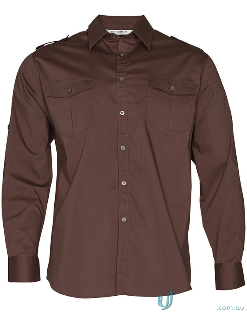Brown long-sleeved button-down shirt from Benchmark LS Military M7912 Mens Long Sleeve Military Shirt