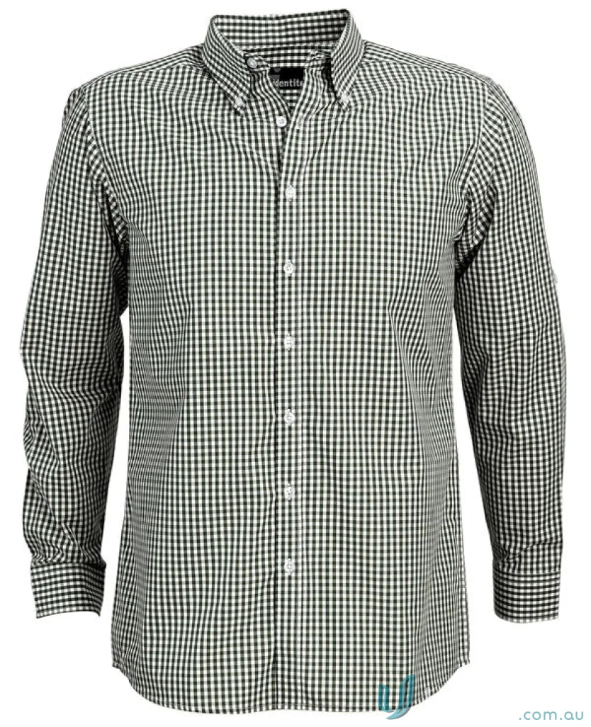 Green and white checkered long sleeve gingham check shirt for a casual look