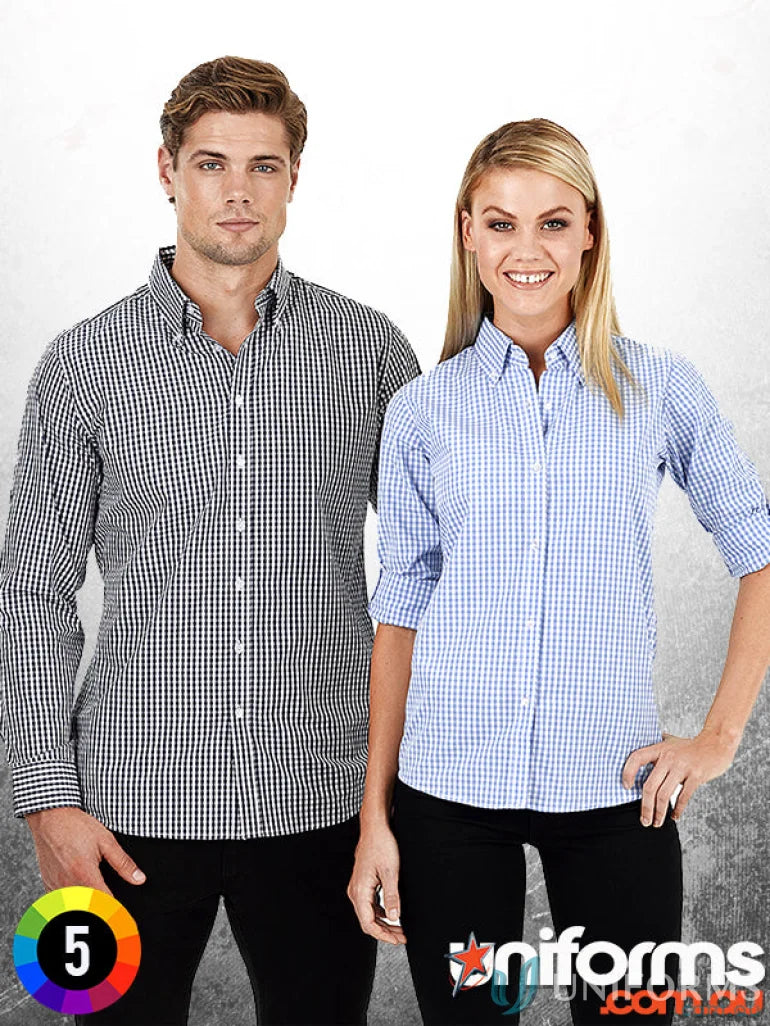 Two people wearing stylish Miller Gingham Check LS Shirts, long sleeve gingham check style