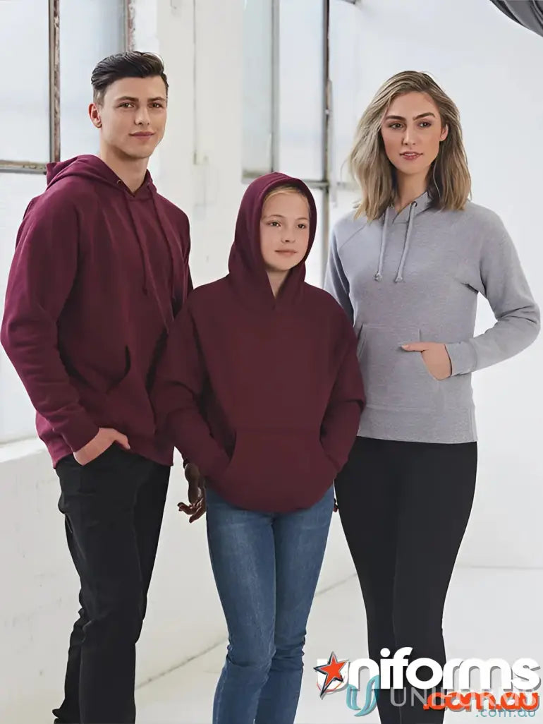 Three people wearing fleecy hoodies in stylish MOQ25 Printed ADULT Hoodie workwear uniforms