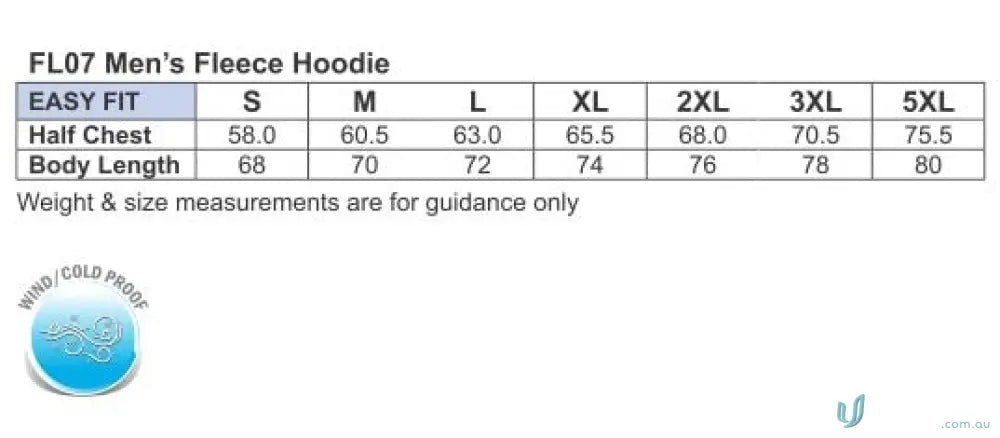 Men’s fleecy hoodie size chart for MOQ50 Printed ADULT Hoodie workwear and uniforms
