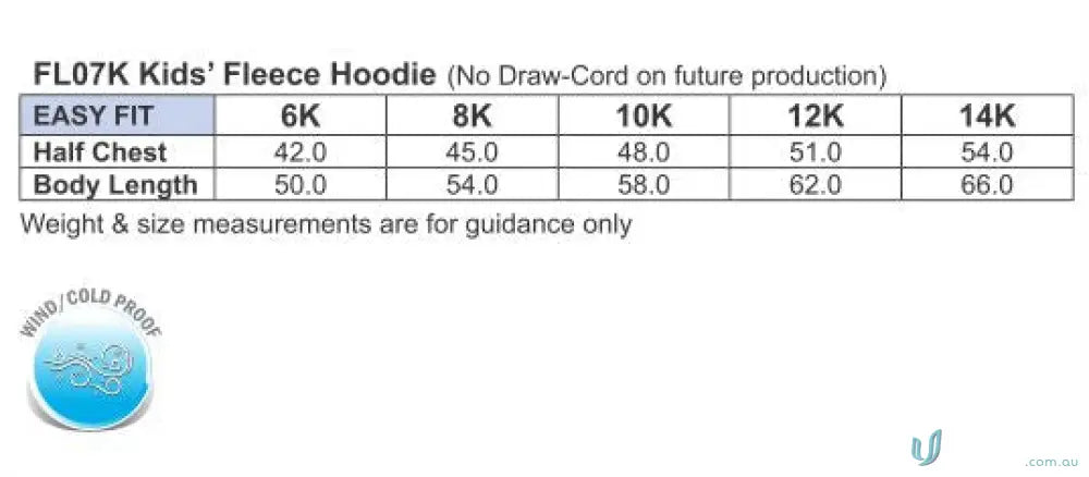 Kids hoodie size chart for MOQ50 printed youth workwear and uniforms
