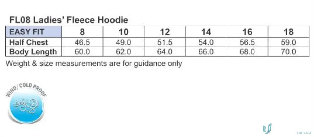 Ladies fleece hoodie size chart for MOQ500 hoodie workwear and uniforms