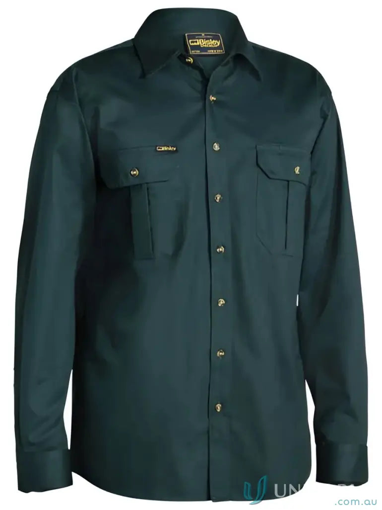 Dark green Original Cotton Drill LS Shirt with chest pockets and brass buttons