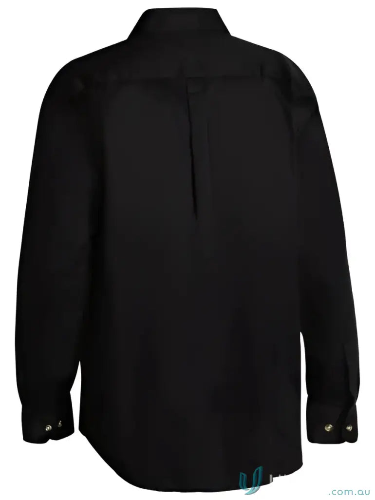 Black long-sleeve collared shirt made from original cotton drill fabric