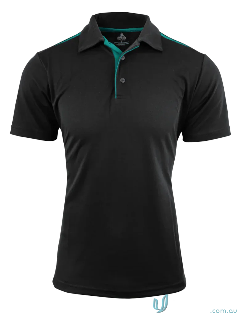 Black Paterson Polo shirt with teal trim, perfect for uniforms and workwear, made from comfy fabric