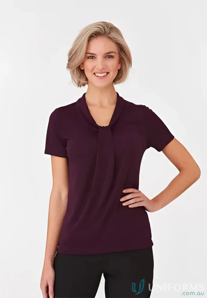 Pippa Ladies SS Top with soft draped neckline and comfortable fit in purple