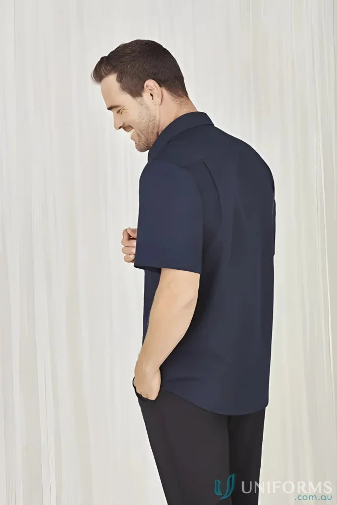 Man wearing navy mens Oasis Short Sleeves Oasis Shirt, perfect for casual outings