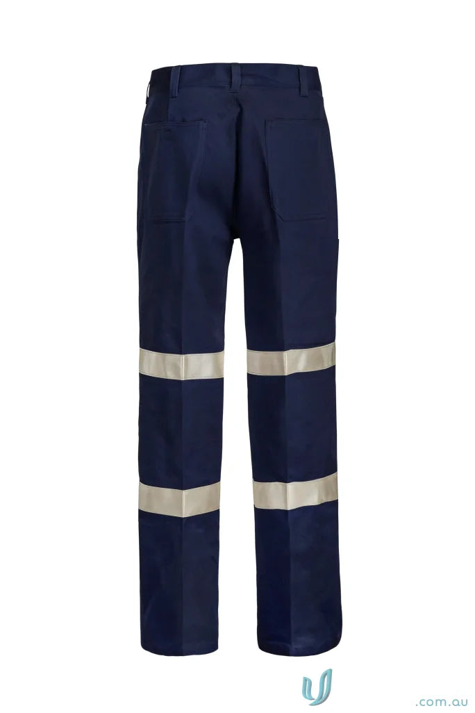 Navy blue pleat cotton drill trouser with reflective stripes for workcraft pleat cotton style