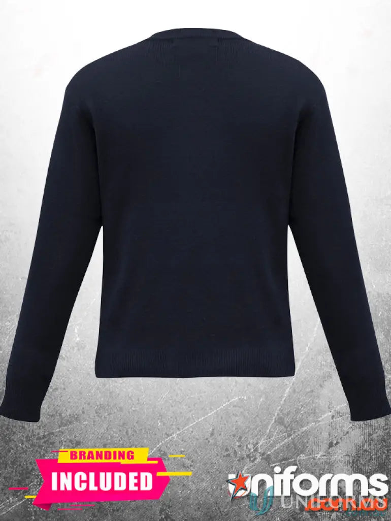Navy blue wool long-sleeved sweater chest view from Plumbers Choice EMB Mens Pullover