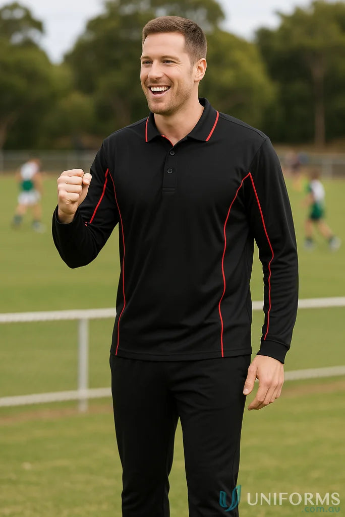 Podium Piping Long sleeve polo in black with red piping