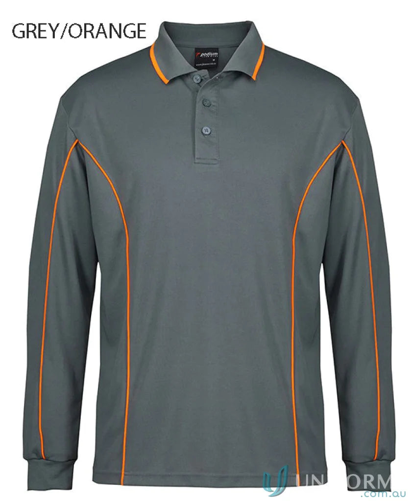 Grey long sleeve polo with orange trim from JBs Podium Piping Long collection