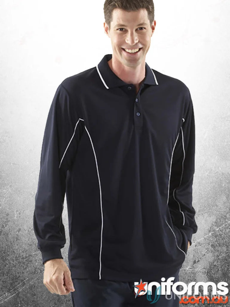 Navy long sleeve polo shirt with built-in UV protection and podium piping long detail