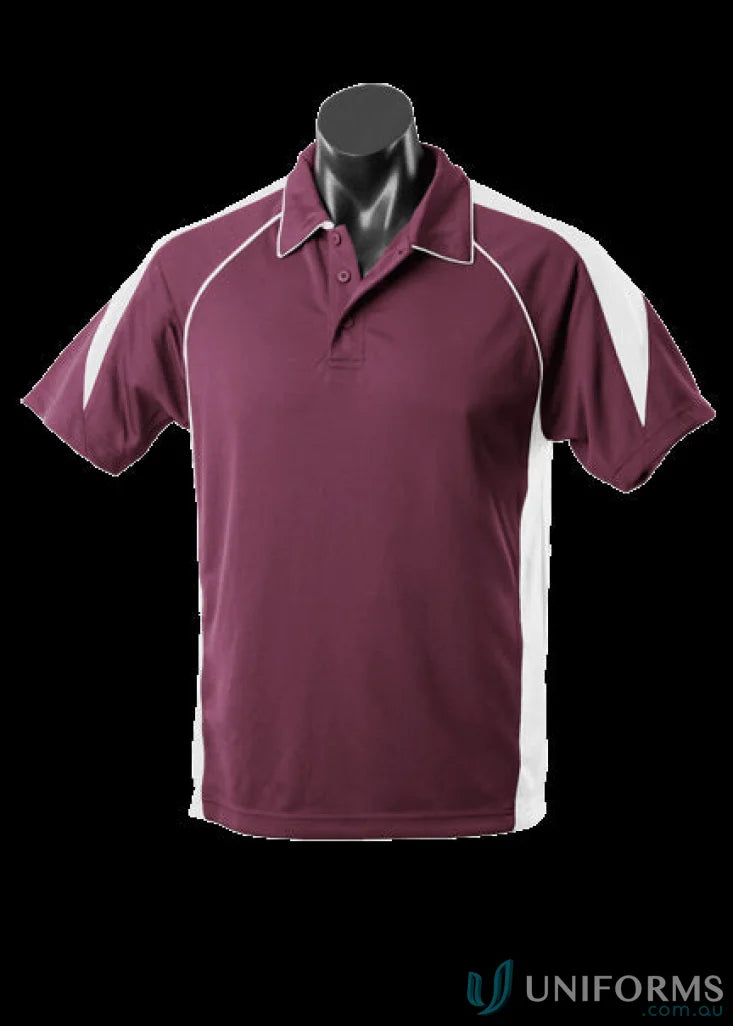 Maroon and white fabric polo shirt perfect for uniforms or workwear from Premier Polo