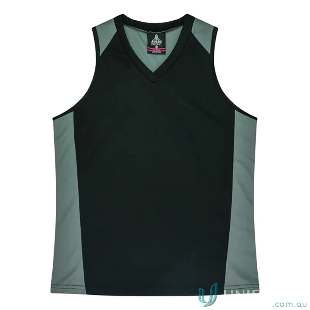 Black and gray sleeveless Premier Singlet with comfortable fabric neck bind for workouts