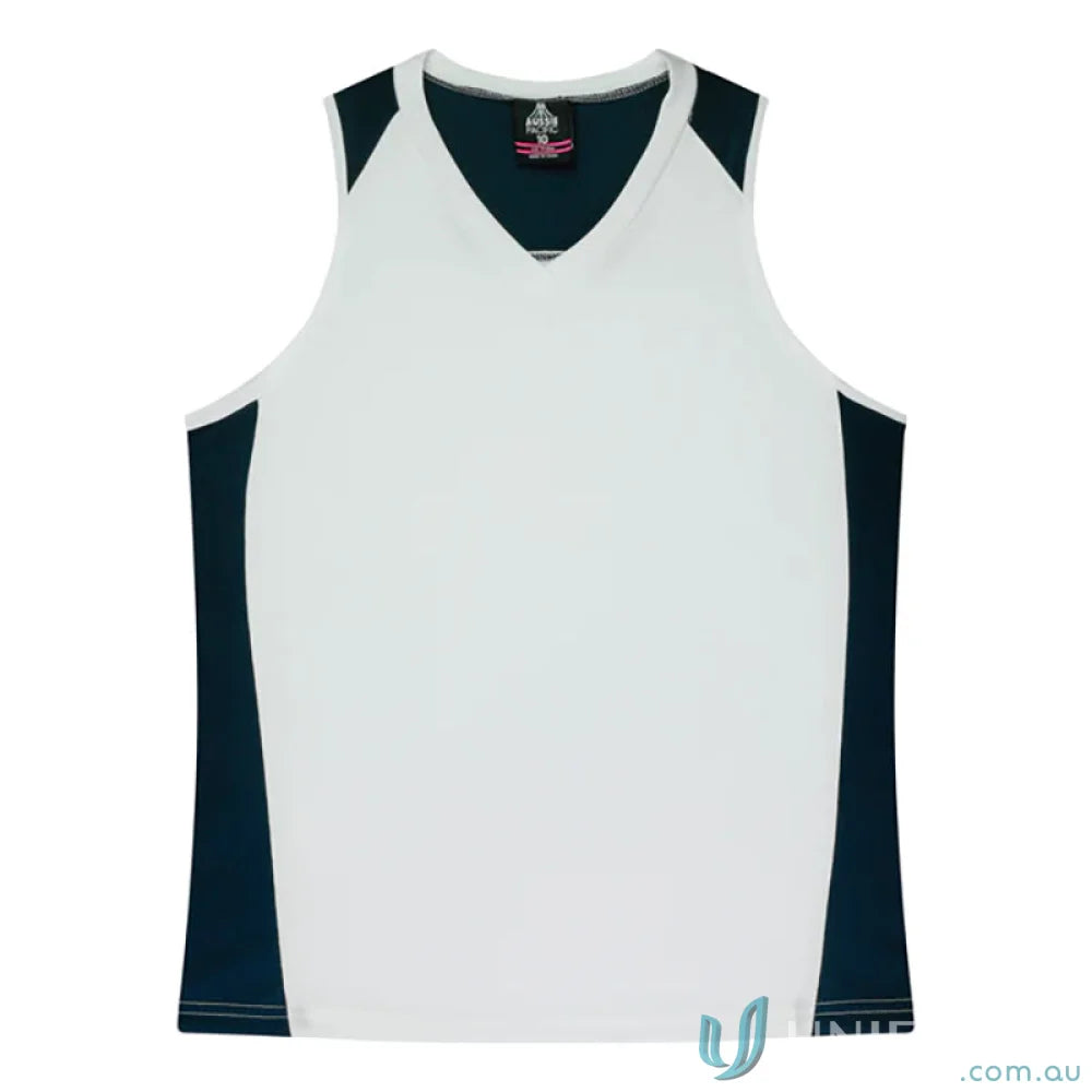White and dark blue Premier Singlet with fabric neck bind for a sporty look