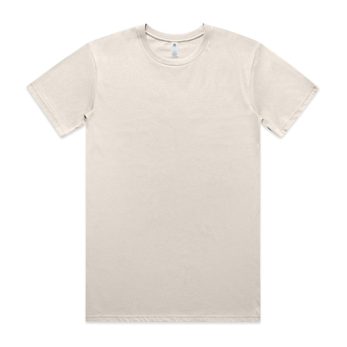 Cream-colored crew neck t-shirt with short sleeves and a relaxed fit.