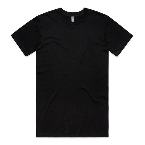 Black crew neck t-shirt with short sleeves and a ribbed neckline.