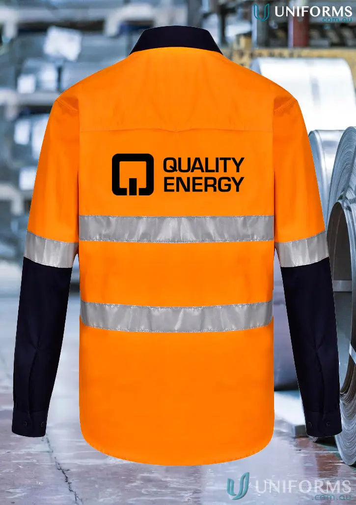 Orange and black safety shirt with reflective strips from QE HiVis Cool Breeze line