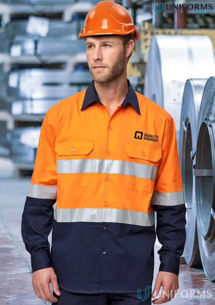 Orange and navy HiVis Cool Breeze safety shirt with reflective stripes for winning spirit