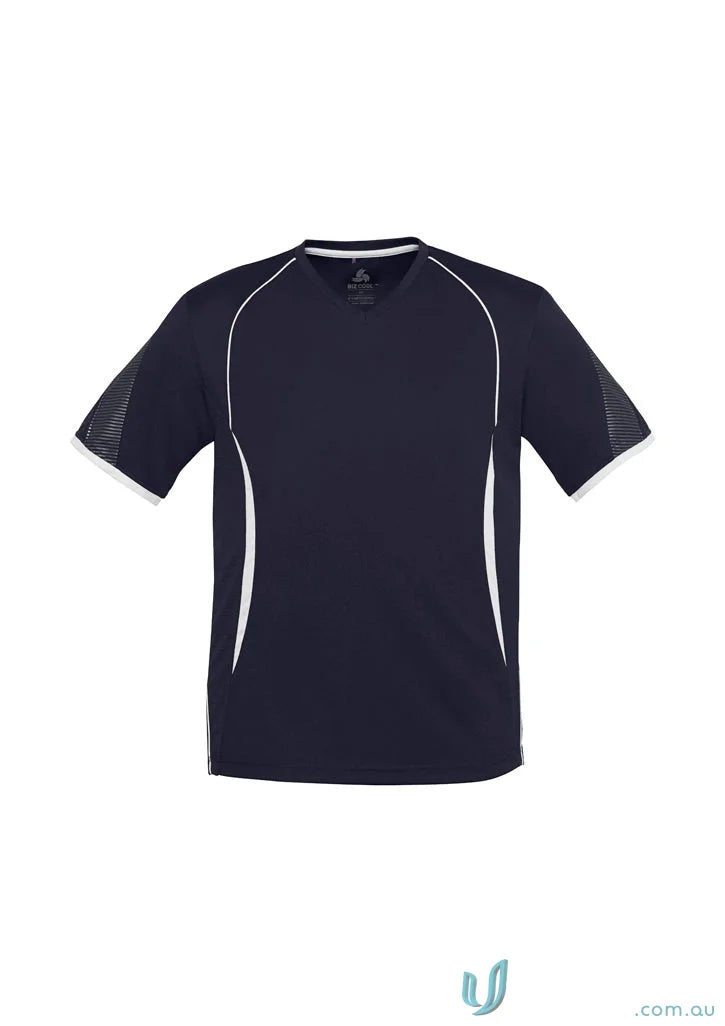 Navy blue Razor Tee mens razor short with self-fabric v-neck band and white trim