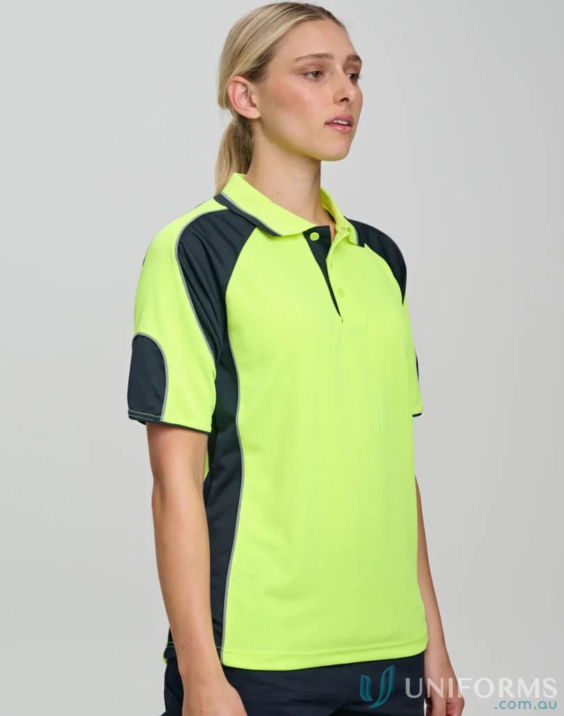 Womens neon yellow and dark gray Safety Polo with Underarms Mesh, SW61 high-vis polo