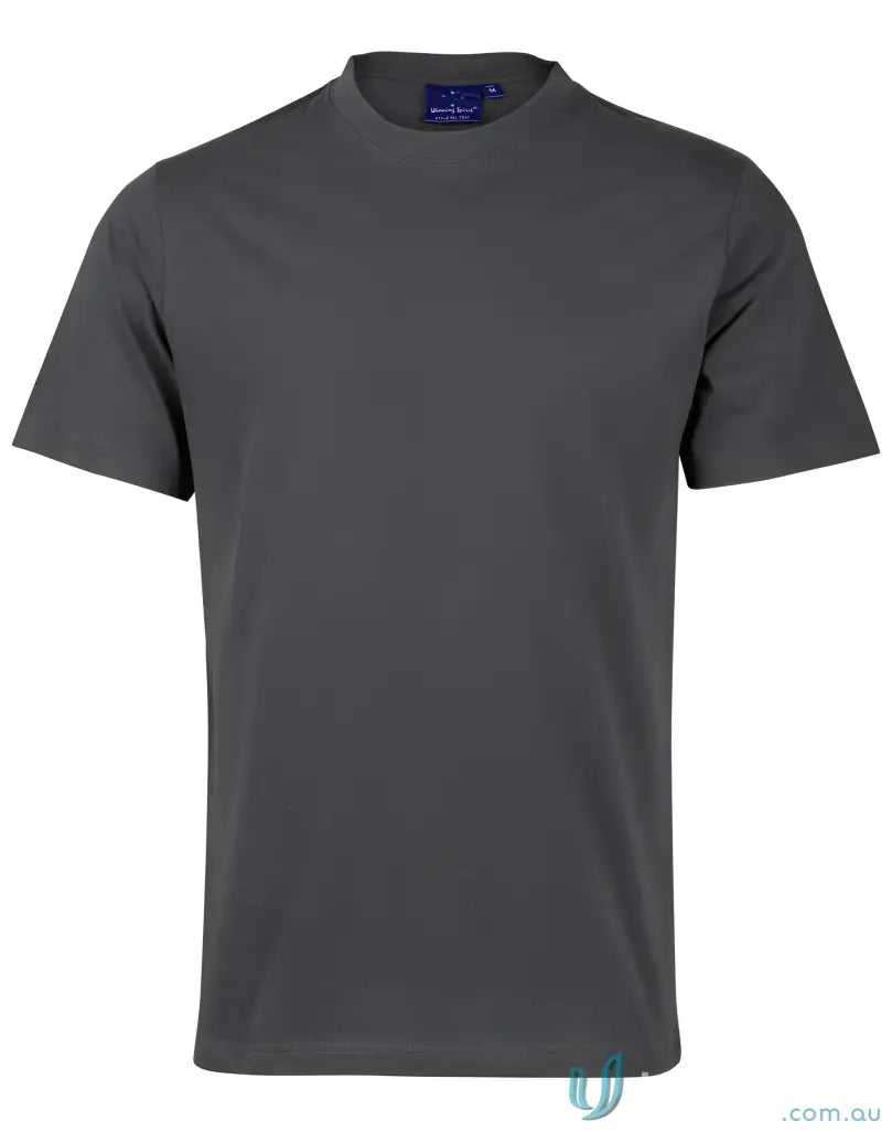 Gray short-sleeved TS37 Savvy Tee with twin stitching showcasing winning spirit style