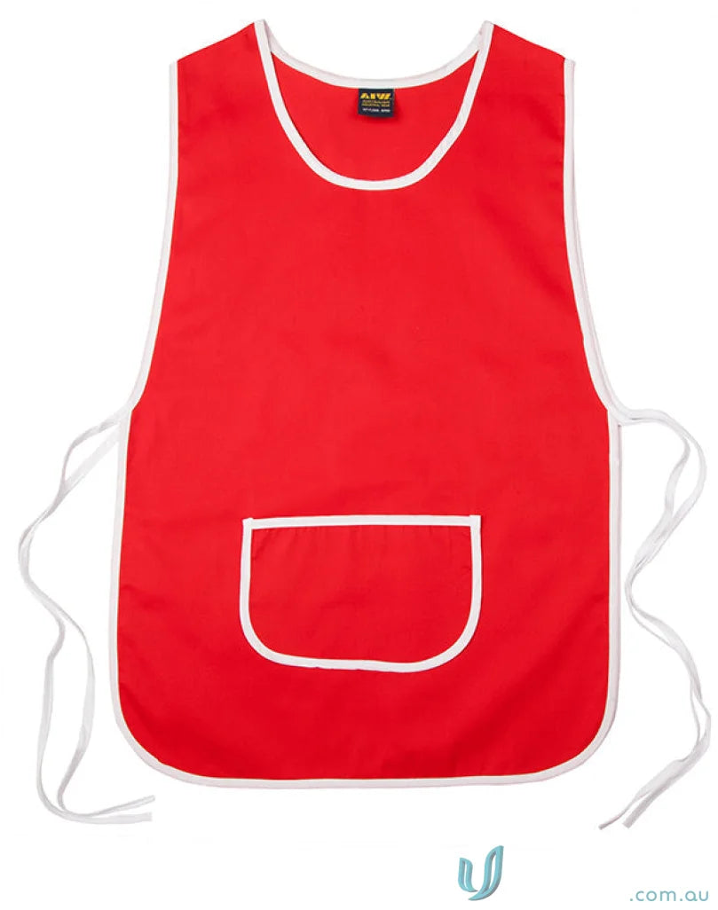 Red apron with white trim from Winning Spirit Smock, perfect for Ladies Smock Apron style
