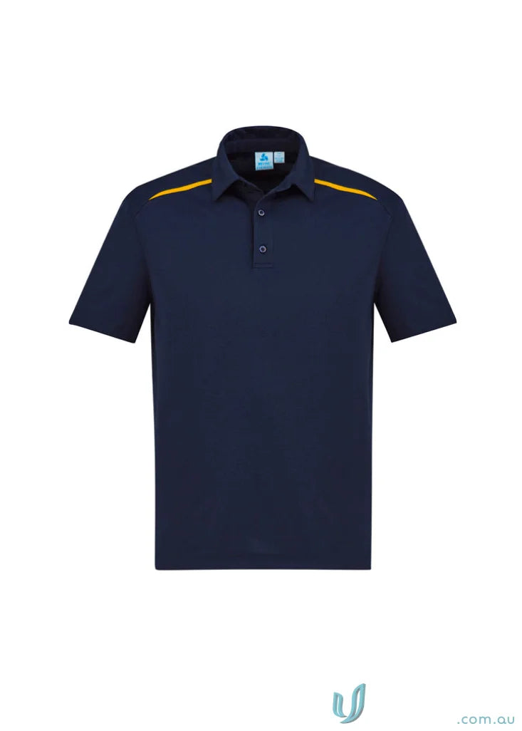 Navy blue Sonar Polo from our collection sonar polo with gold shoulder accents and bizcool contrast panels