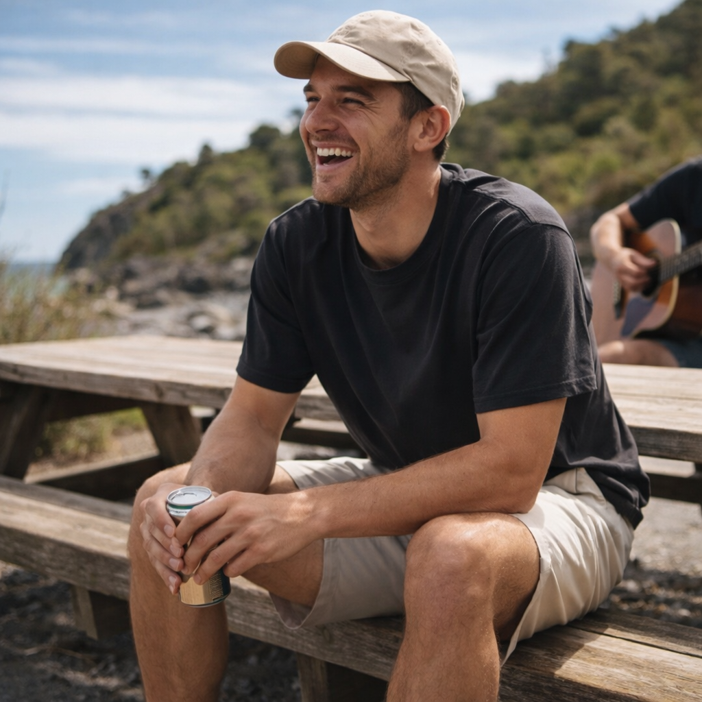 A man wearing a beige baseball cap and black t-shirt sits on a wooden bench holding a can of beverage.