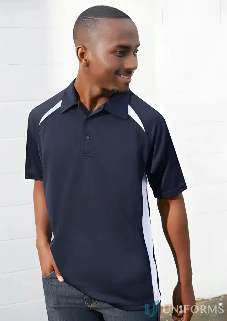 Mens navy blue splice polo shirt with white shoulder and side panels from Biz Collection Splice